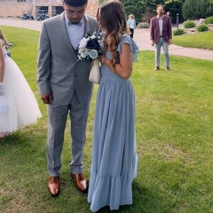 Azazie Dusty Blue Ruffle Midi Dress